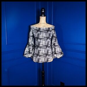 New! Karen Kane Black and White Off-Shoulder Flared Sleeve Top